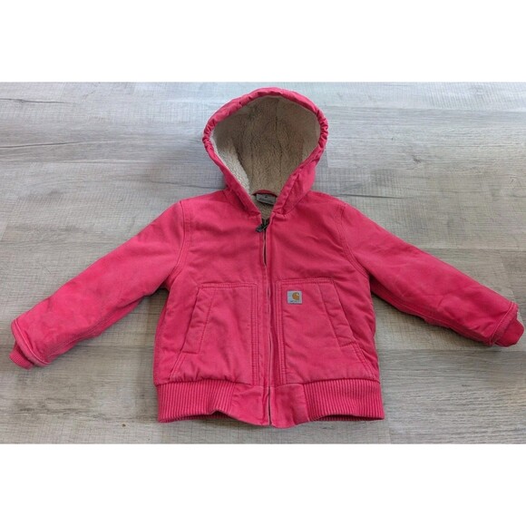 Carhartt Insulated Hooded Active Jacket Canvas Coat Girls 2T Pink Sherpa - Picture 1 of 12
